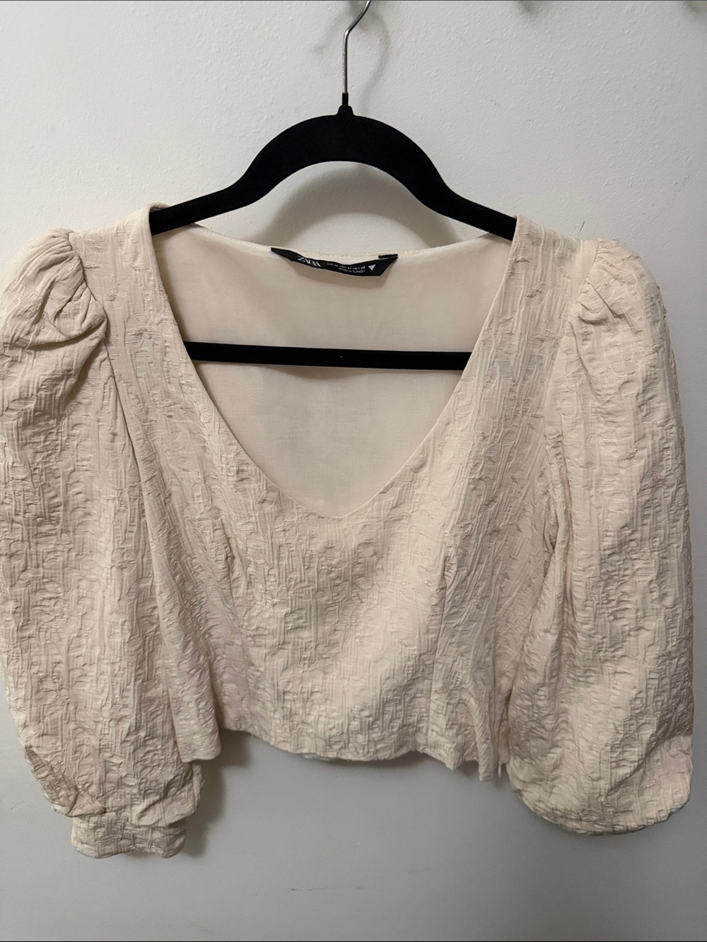 Zara Cream Puff-Sleeve V-Neck Blouse